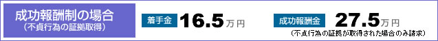 [成功報酬制の場合（不貞行為の証拠取得）]　着手金･･･16.5万円　成功報酬金･･･27.5万円（不貞行為の証拠が取得された場合のみ請求）